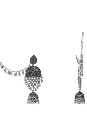 silver oxidised traditional afghani ghungroo hair chain/ear chain accessories with hook for women 