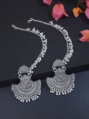 silver oxidised traditional afghani ghungroo hair chain/ear chain accessories with hook for women  1