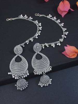 silver oxidised traditional afghani ghungroo hair chain/ear chain accessories with hook  1