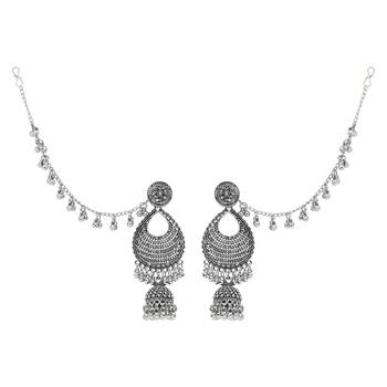 silver oxidised traditional afghani ghungroo hair chain/ear chain accessories with hook  2