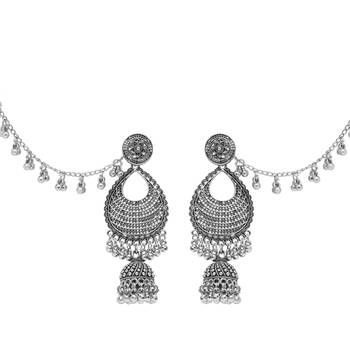 silver oxidised traditional afghani ghungroo hair chain/ear chain accessories with hook  3