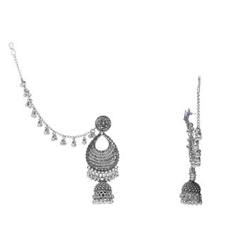 silver oxidised traditional afghani ghungroo hair chain/ear chain accessories with hook  4