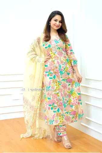 Jaipuri ivory multicolor cotton designer afgani party wear 3 piece suit for women