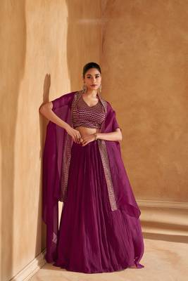 Purple Embroidery Sequins Chinon Silk Lehnga, Blouse with Jacket.(Size Up to 42") 1