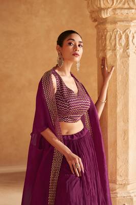 Purple Embroidery Sequins Chinon Silk Lehnga, Blouse with Jacket.(Size Up to 42") 2