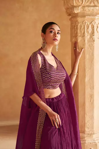 Purple Embroidery Sequins Chinon Silk Lehnga, Blouse with Jacket.(Size Up to 42")