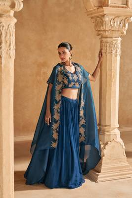 Blue Embroidery Sequins Chinon Silk Lehnga, Blouse with Jacket. 1