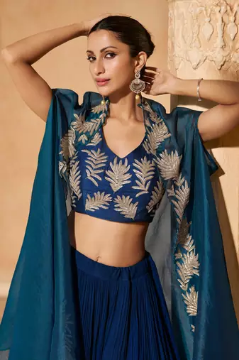 Blue Embroidery Sequins Chinon Silk Lehnga, Blouse with Jacket.