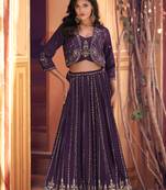 Purple Embroidery Sequins Chinon Silk Lehnga, Blouse with Jacket