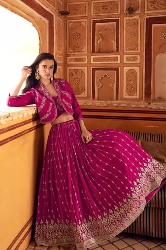 Pink Embroidery Sequins Chinon Silk Lehnga, Blouse with Jacket