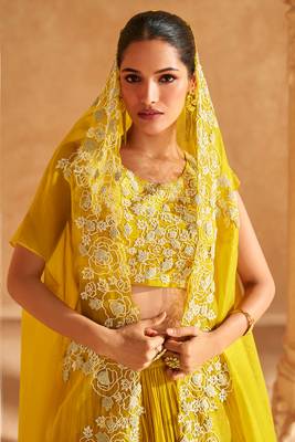 Yellow Embroidery Sequins Chinon Silk Lehnga, Blouse with Jacket.- (Size Up to 42") 2