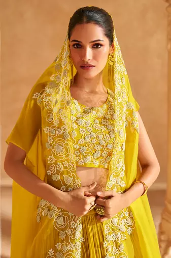 Yellow Embroidery Sequins Chinon Silk Lehnga, Blouse with Jacket.- (Size Up to 42")