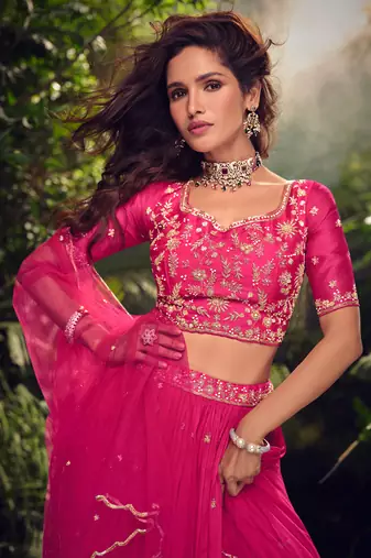 Pink Embroidery Sequins Chinon Silk Lehnga with Blouse