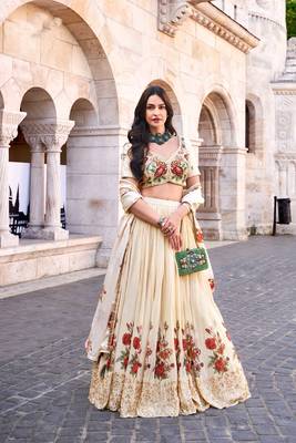 Beige Handwork Embroidery and Bead Chinon Silk Lehenga with Blouse(Size Up to 42") 1