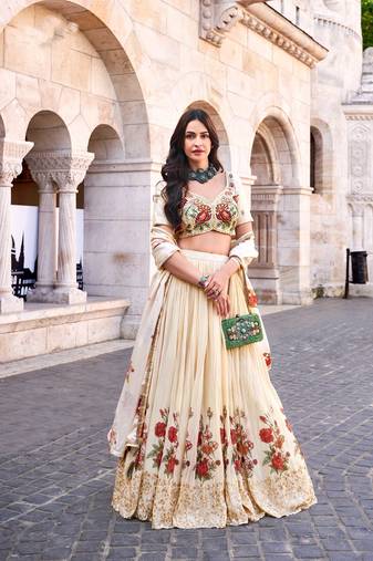 Beige Handwork Embroidery and Bead Chinon Silk Lehenga with Blouse