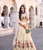 Beige Handwork Embroidery and Bead Chinon Silk Lehenga with Blouse(Size Up to 42")