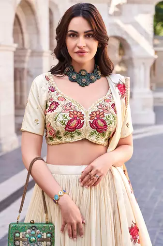 Beige Handwork Embroidery and Bead Chinon Silk Lehenga with Blouse(Size Up to 42")