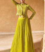 Yellow Embroidery Sequins Chinon Silk Lehnga Blouse with Jacket