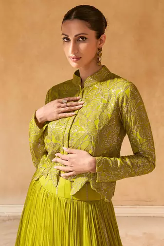 Yellow Embroidery Sequins Chinon Silk Lehnga Blouse with Jacket