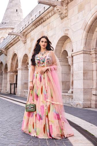 Multicolor Handwork Embroidery and Bead Chinon Silk Lehnga with Blouse