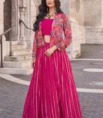 Pink Printed Embroidery Sequins Chinon Silk Lehnga Blouse with Jacket