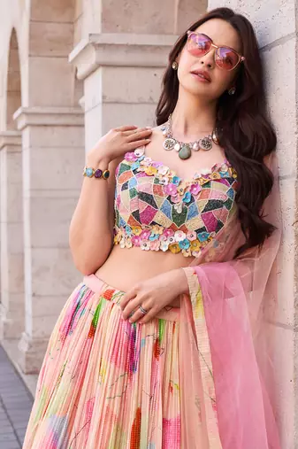 Multicolor Handwork Embroidery and Bead Chinon Silk Lehnga with Blouse