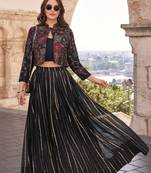 Black Printed Embroidery Sequins Chinon Silk Lehnga Blouse with Jacket