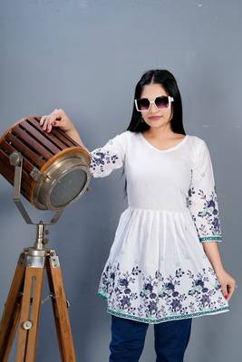 White short printed cotton peplum top 1