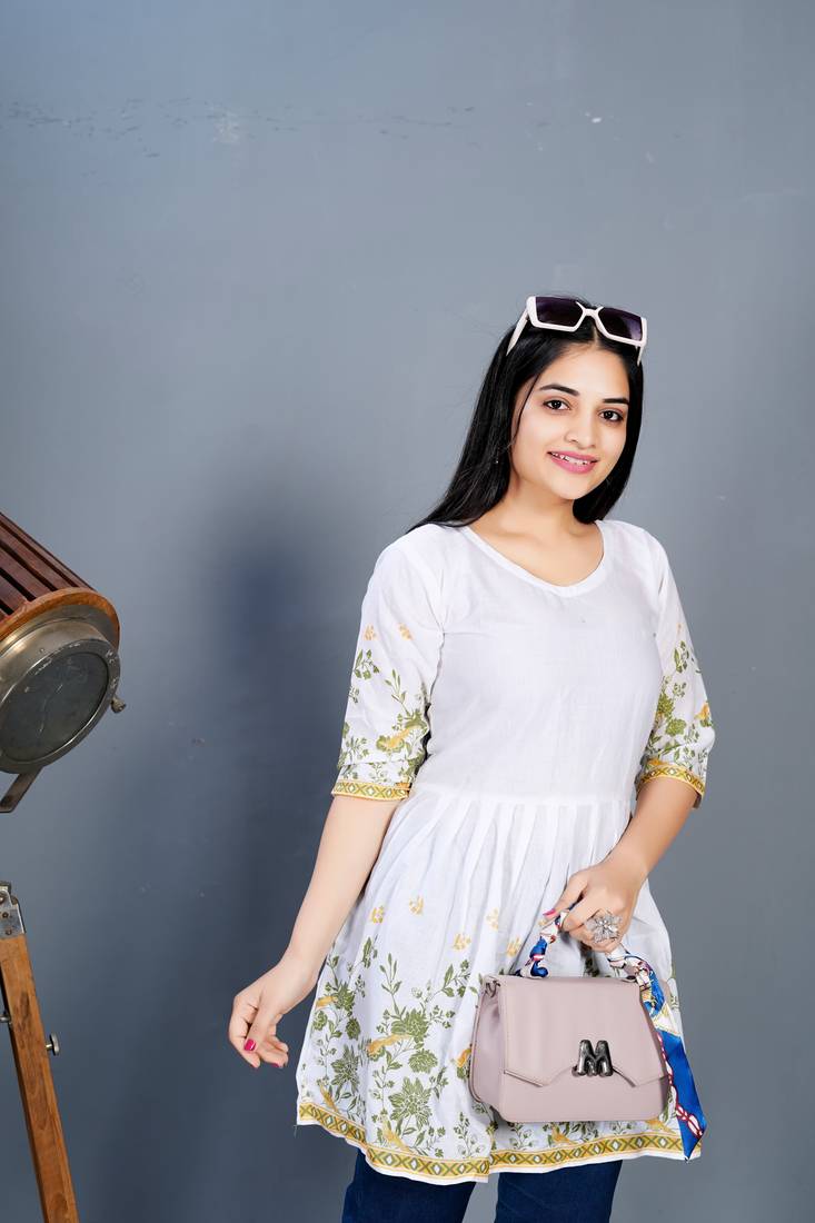 White cotton printed peplum top 