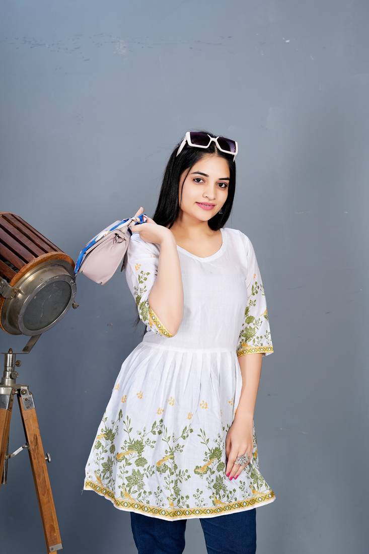 White cotton printed peplum top 