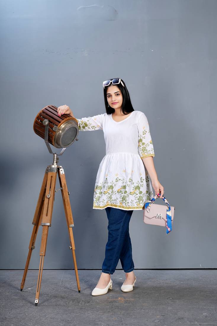 White cotton printed peplum top 