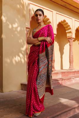 Magenta pink pure bandhani silk saree with blouse piece 4