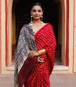Red pure bandhani silk saree with blouse piece