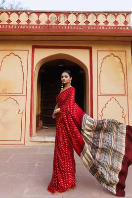 Red pure bandhani silk saree with blouse piece 4