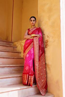 Red pink pure bandhani silk saree with blouse piece 1
