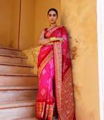Red-pink pure bandhani silk saree with blouse piece