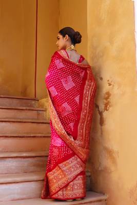 Red pink pure bandhani silk saree with blouse piece 2