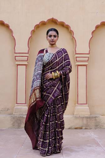 Wine pure bandhani silk saree with blouse piece