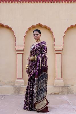 Wine pure bandhani silk saree with blouse piece 5