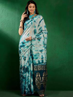Turquoise staple cotton saree with tie-dye pattern, golden zari woven 1