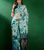 Turquoise staple cotton saree with tie-dye pattern, golden zari woven