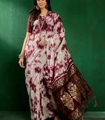 Burgundy staple cotton saree with tie-dye pattern, golden zari woven