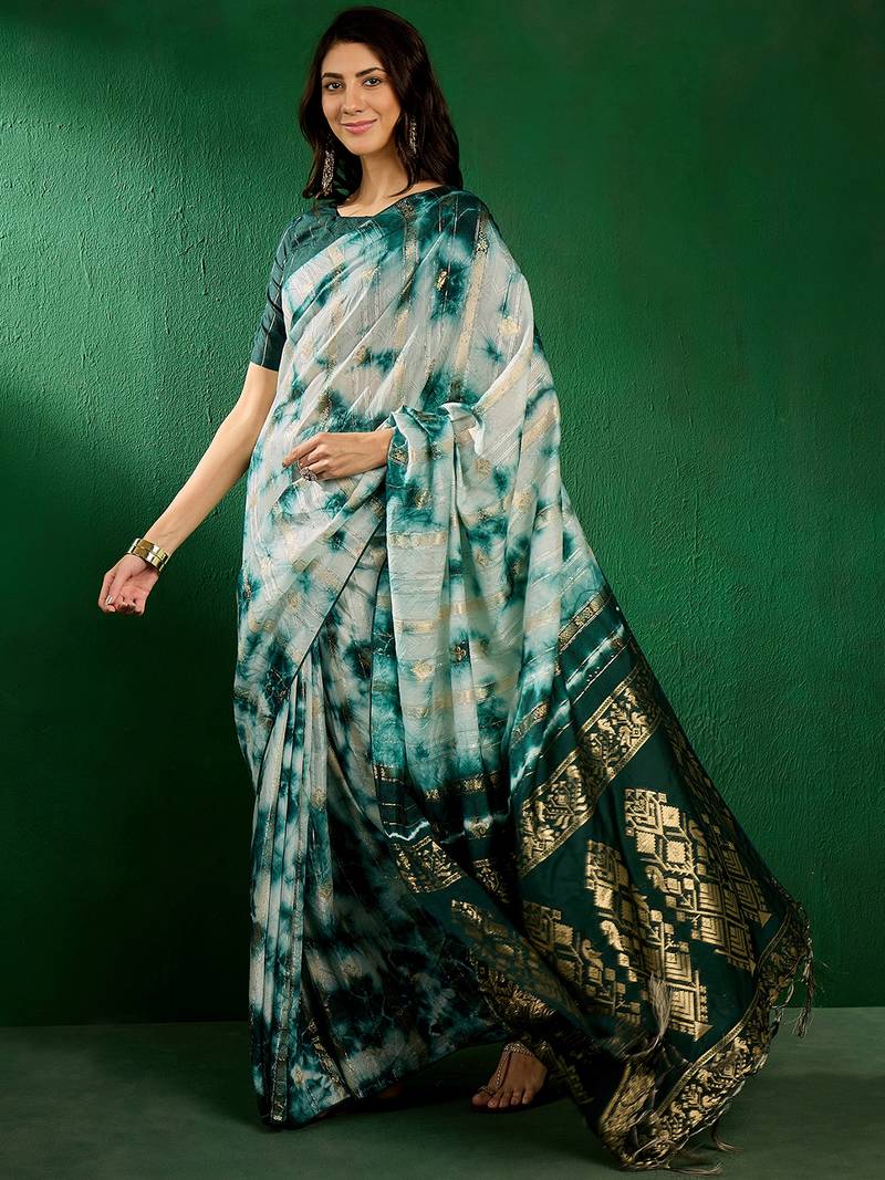Teal staple cotton saree with tie-dye pattern, golden zari woven
