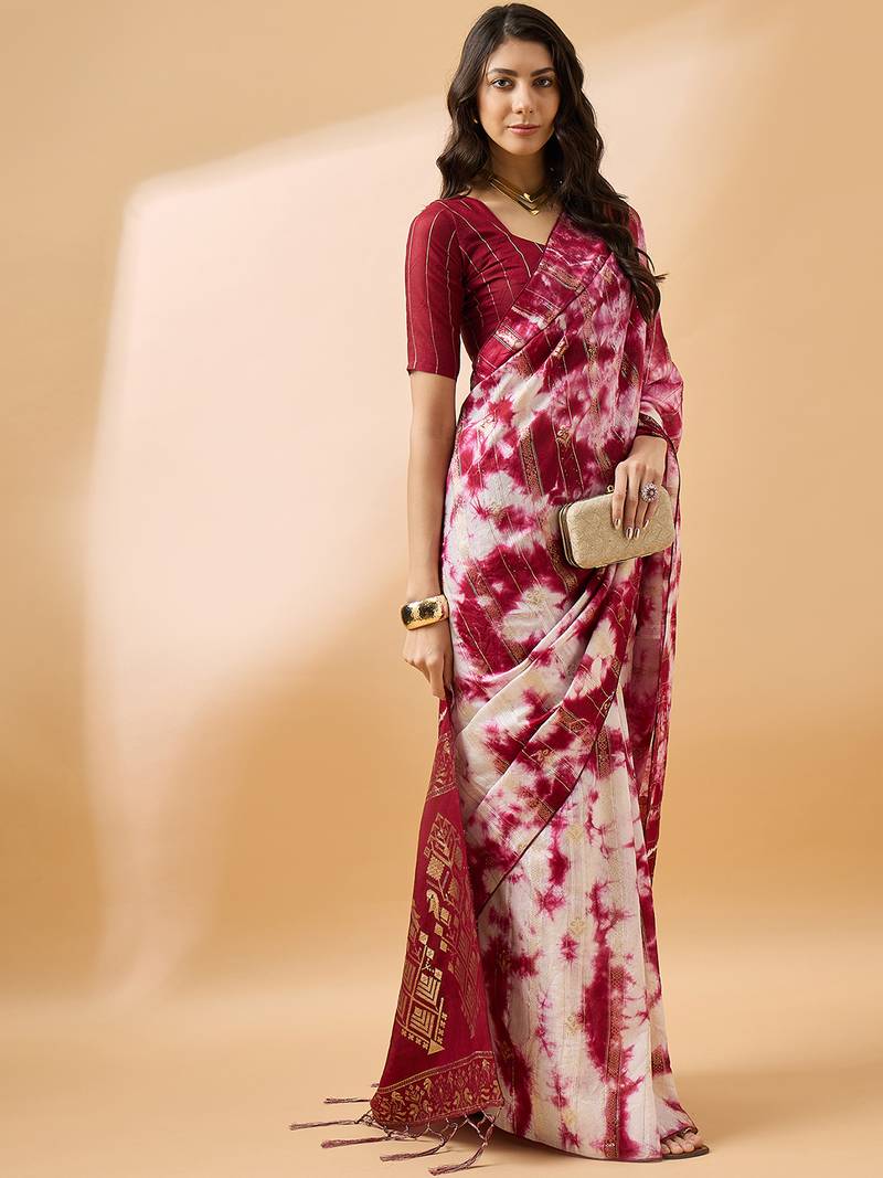 Red staple cotton saree with tie-dye pattern, golden zari woven