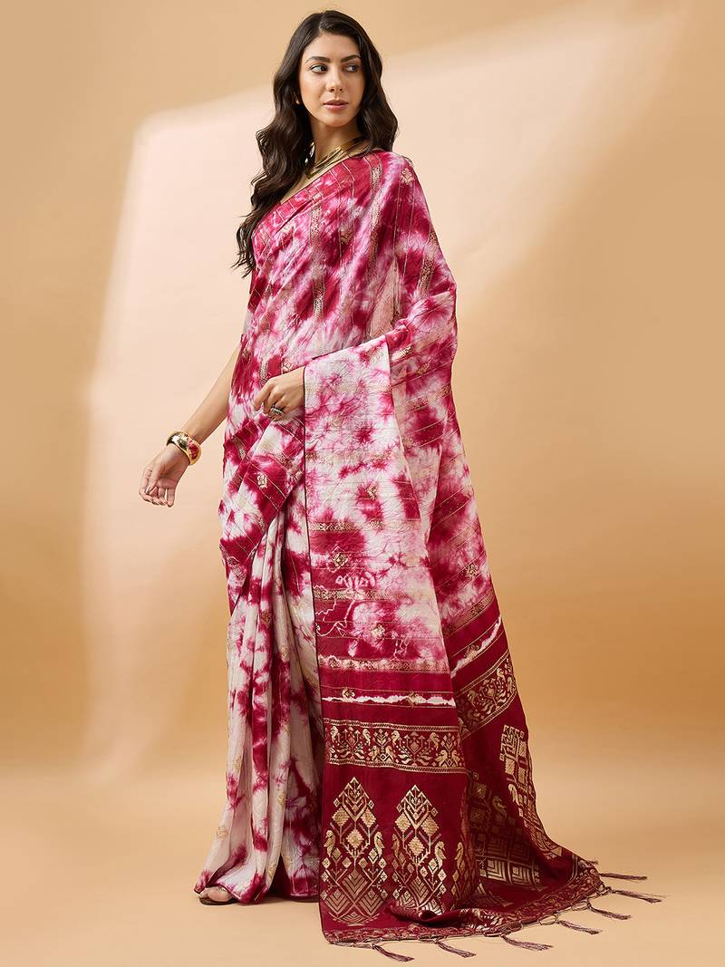 Red staple cotton saree with tie-dye pattern, golden zari woven