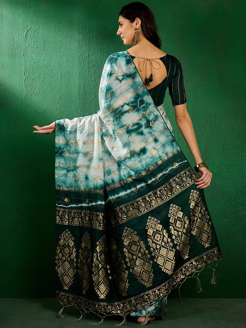 Teal staple cotton saree with tie-dye pattern, golden zari woven