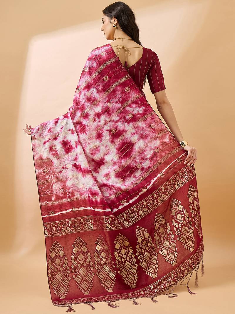 Red staple cotton saree with tie-dye pattern, golden zari woven
