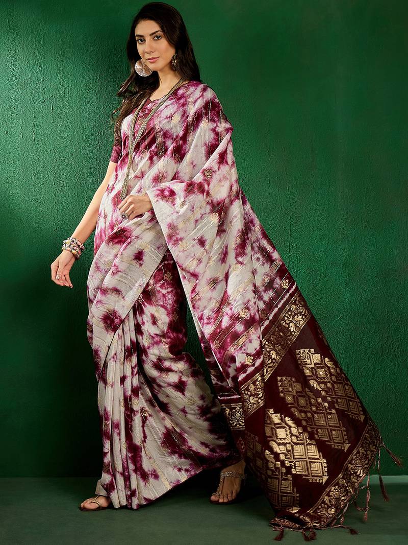 Burgundy staple cotton saree with tie-dye pattern, golden zari woven