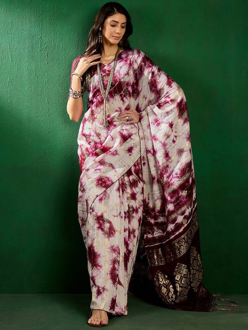 Burgundy staple cotton saree with tie-dye pattern, golden zari woven