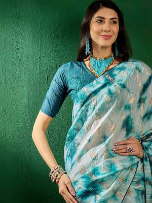 Turquoise staple cotton saree with tie-dye pattern, golden zari woven 2